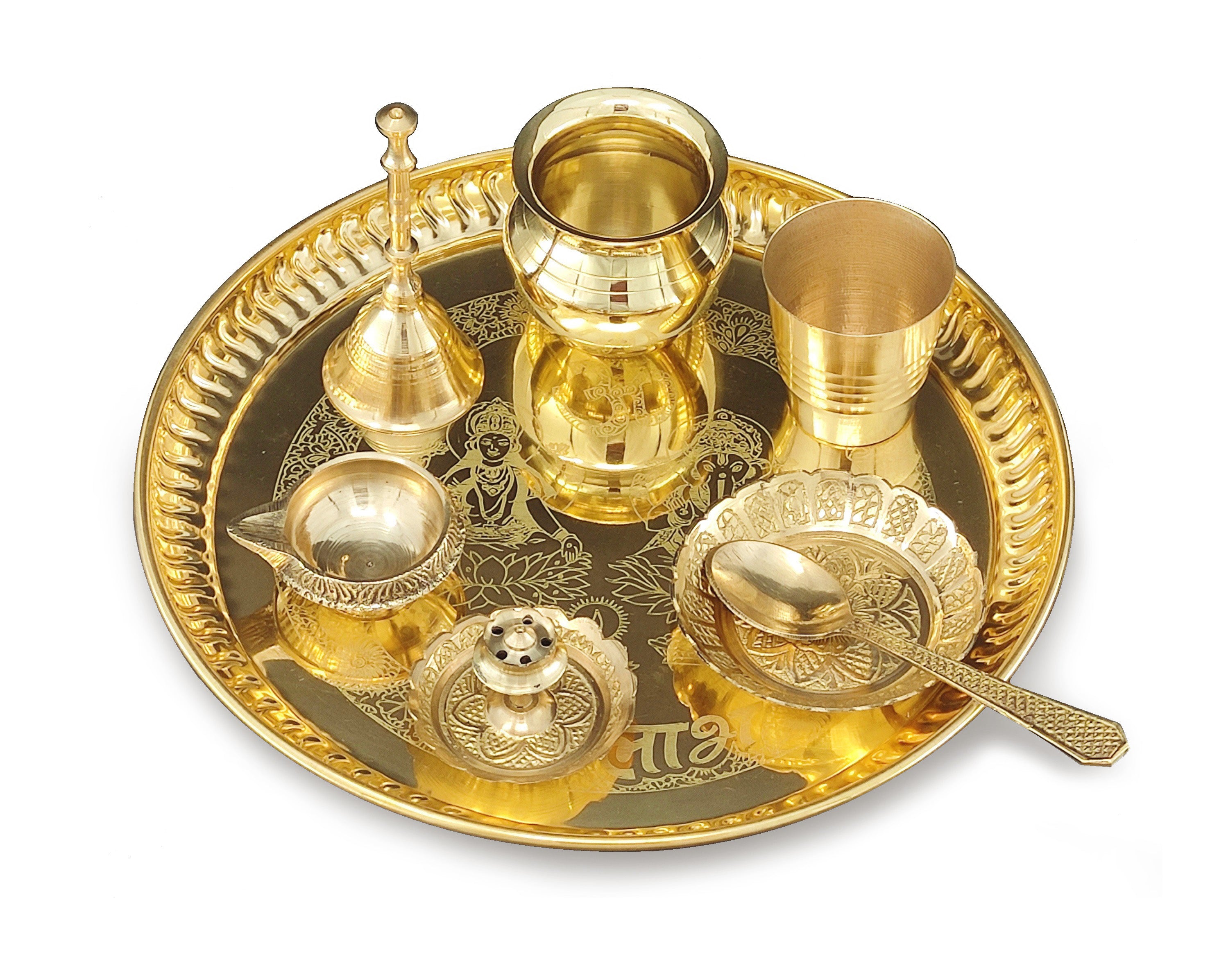 Bengalen Brass Pooja thali Set 8 Inch with Pital Plate Kalash Spoon Glass Diya Bowl Dhup Dan Ghanti Kangura Plate Puja Arti Thali for Diwali Home Mandir Office Wedding Return Gift Items