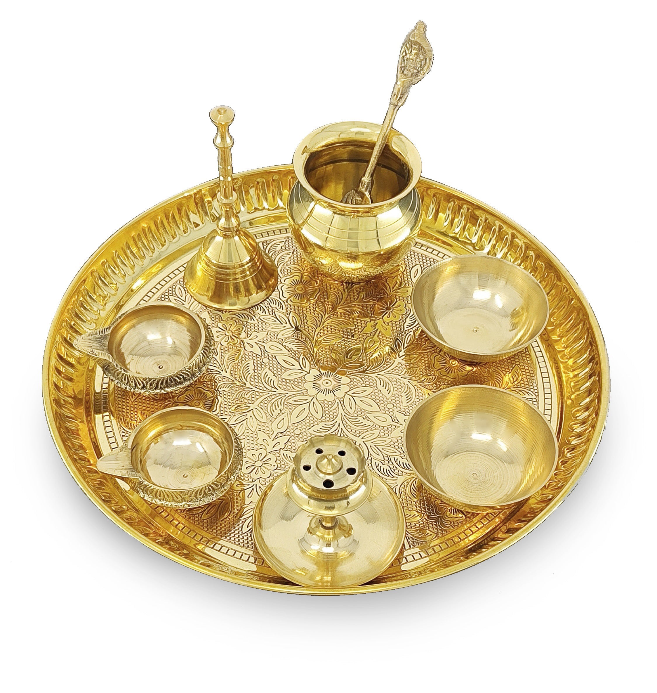 BENGALEN Brass Pooja Thali Set 8 Inch Puja Thali with Pital Plate Kalash Palli Chandan Vati Kuber Deep Dhup Dan Ghanti Arti Thali for Diwali Home Office Mandir Wedding Return Gift Items