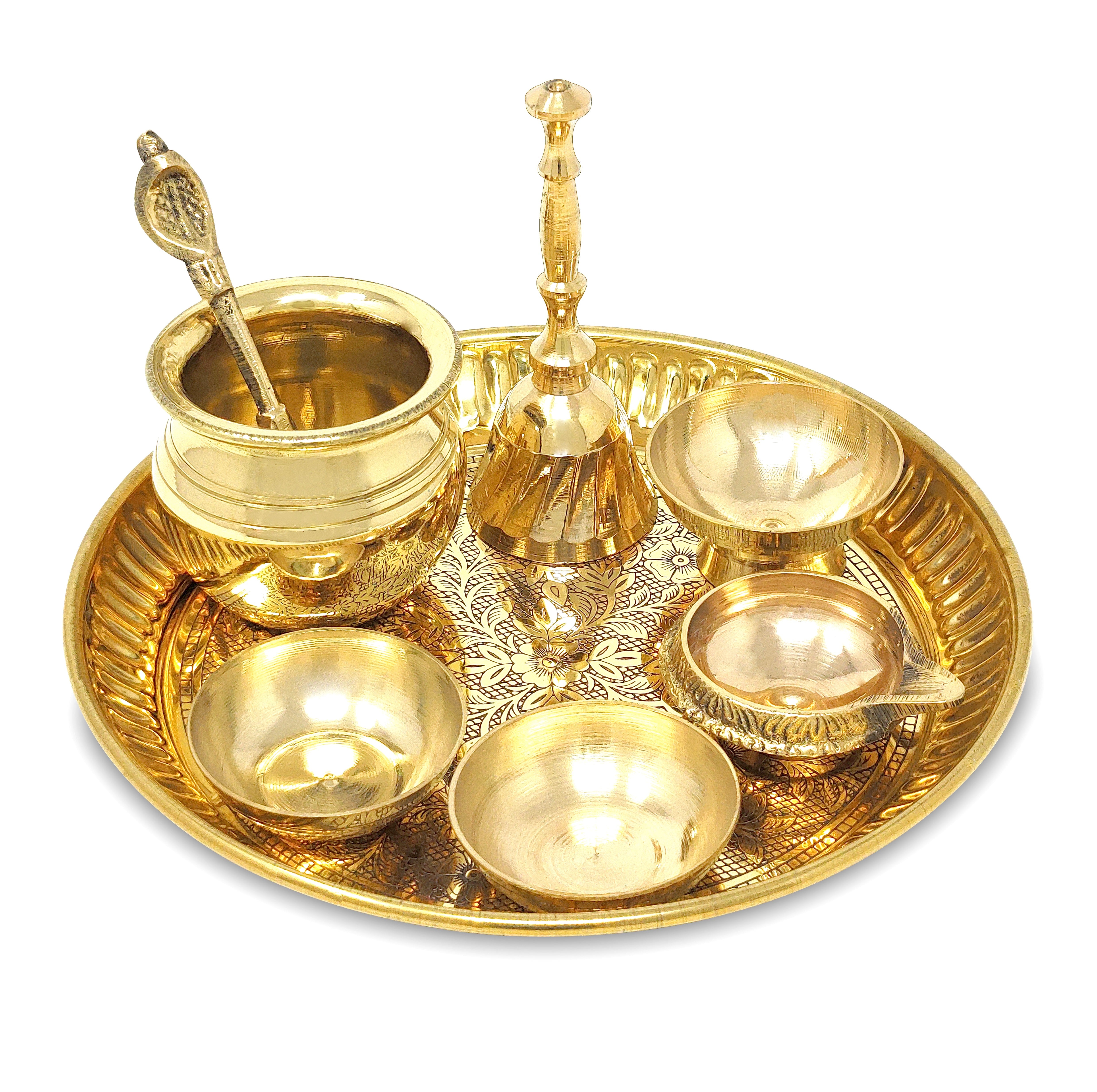 BENGALEN Brass Pooja Thali Set 6 Inch Puja Thali with Pital Plate Chandan Wati Kalash Kuber Diya Ghanti Palli Arti Thali for Diwali Home Office Mandir Wedding Return Gift Items