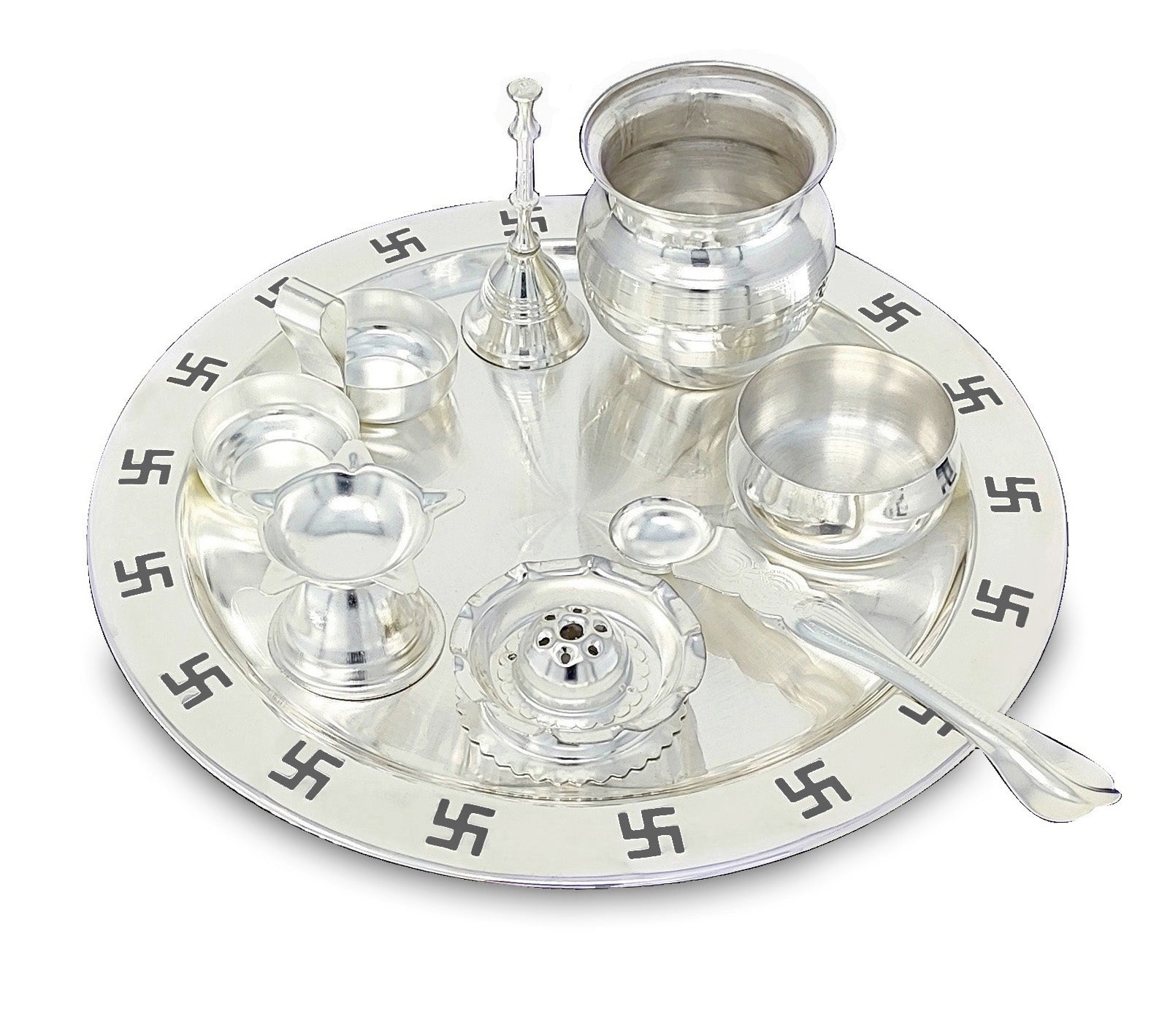 BENGALEN Pooja Thali Set Silver Plated with Gray Gift Box