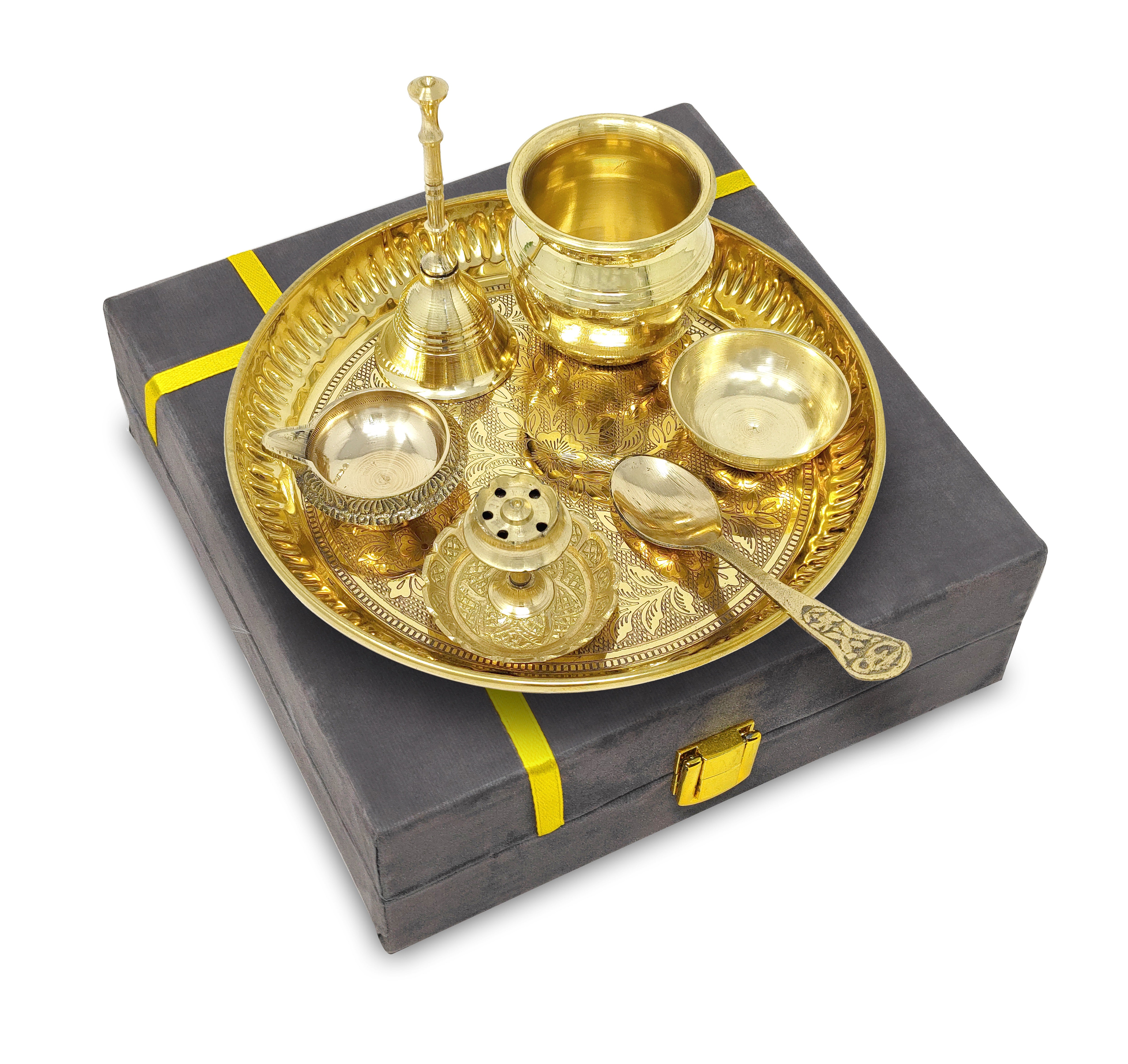 BENGALEN Brass Pooja Thali Set with Grey Gift Box 6 Inch