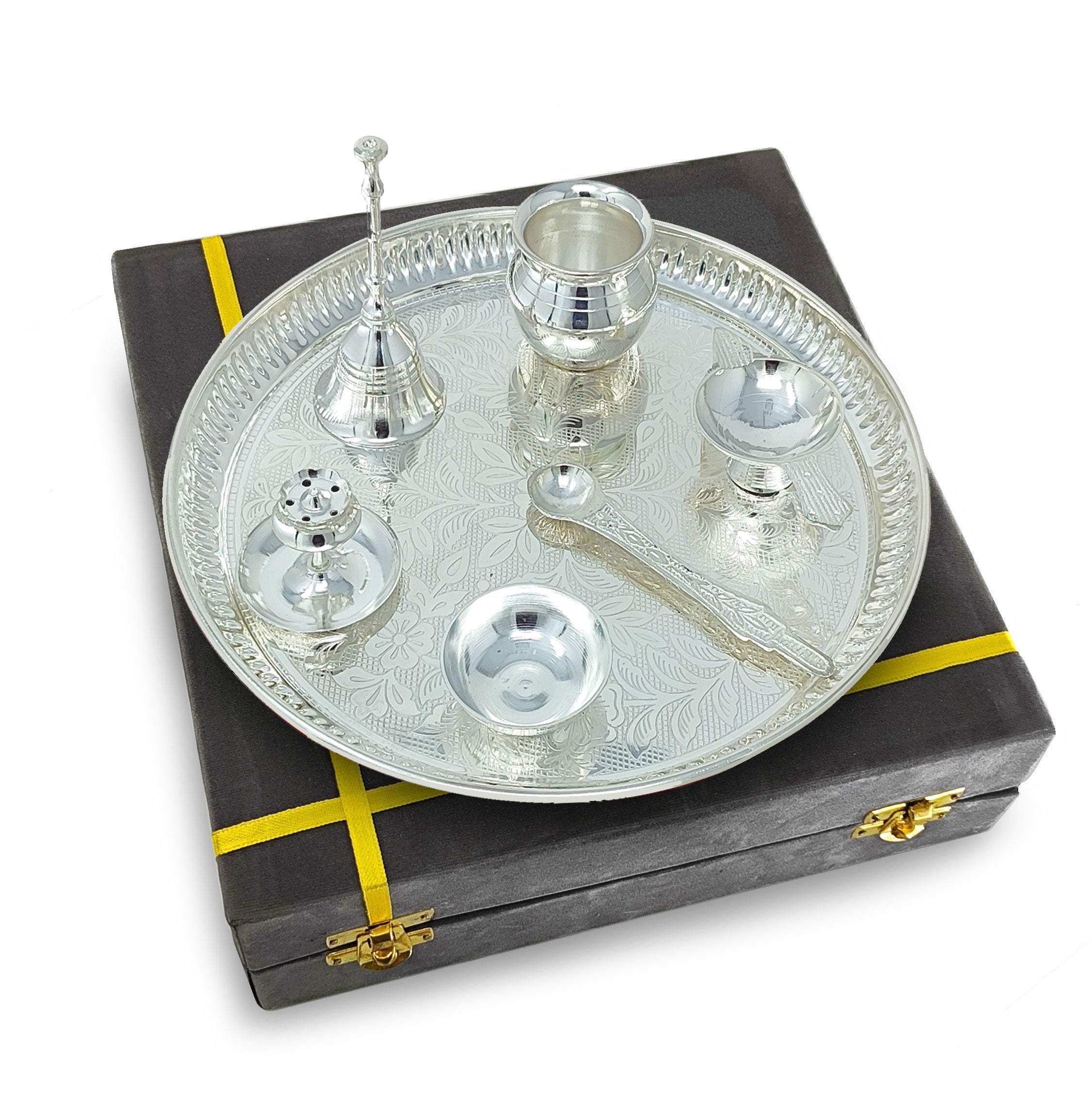 BENGALEN Pooja Thali Set Silver Plated with Gray Gift Box Designed 9 Inch Puja Plate Kalash Bowl Ghanti Spoon Dhup Dan Diya for Home Office Diwali Wedding Return Gift Items