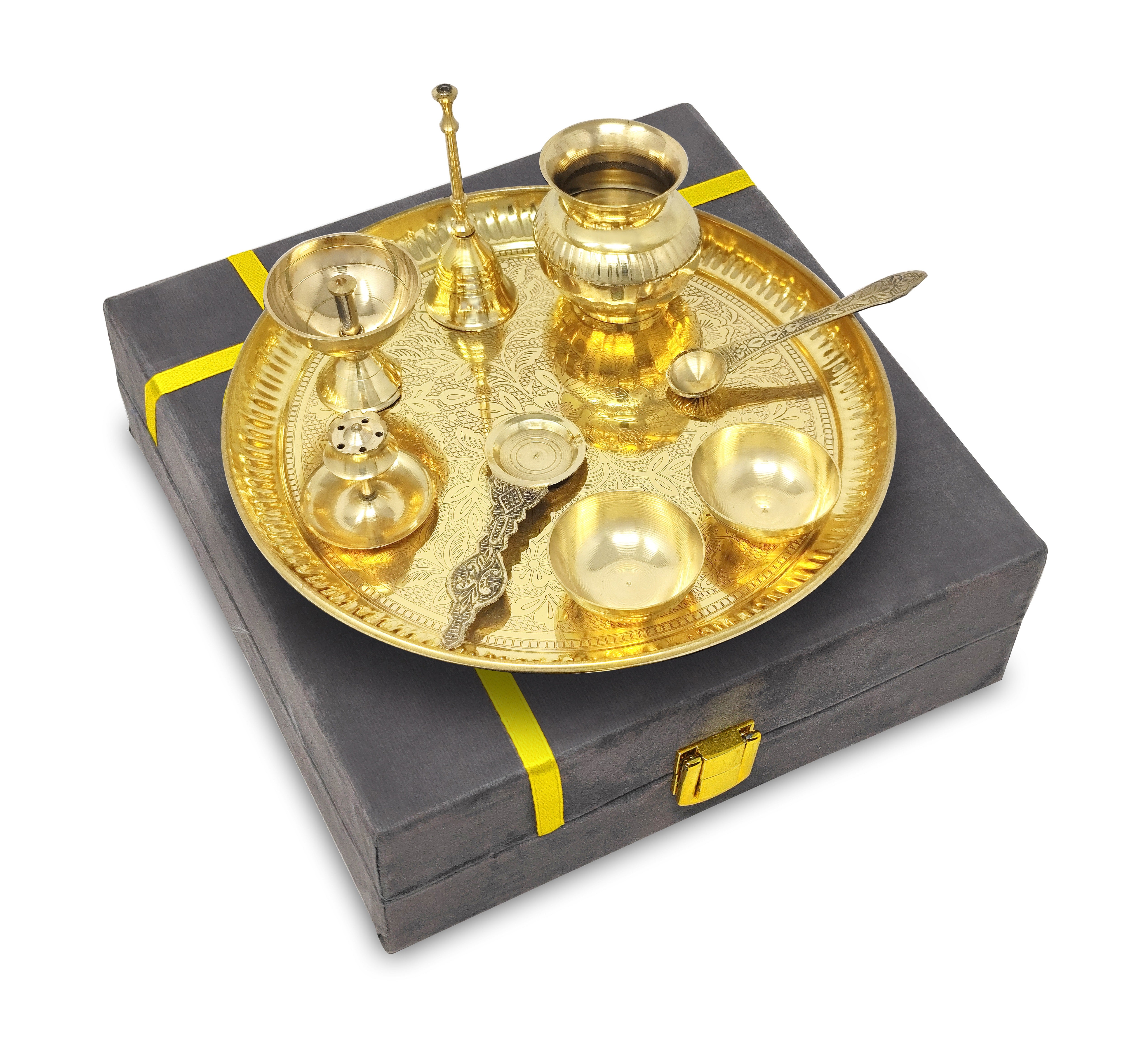 BENGALEN Brass Pooja Thali Set with Grey Gift Box 10 Inch