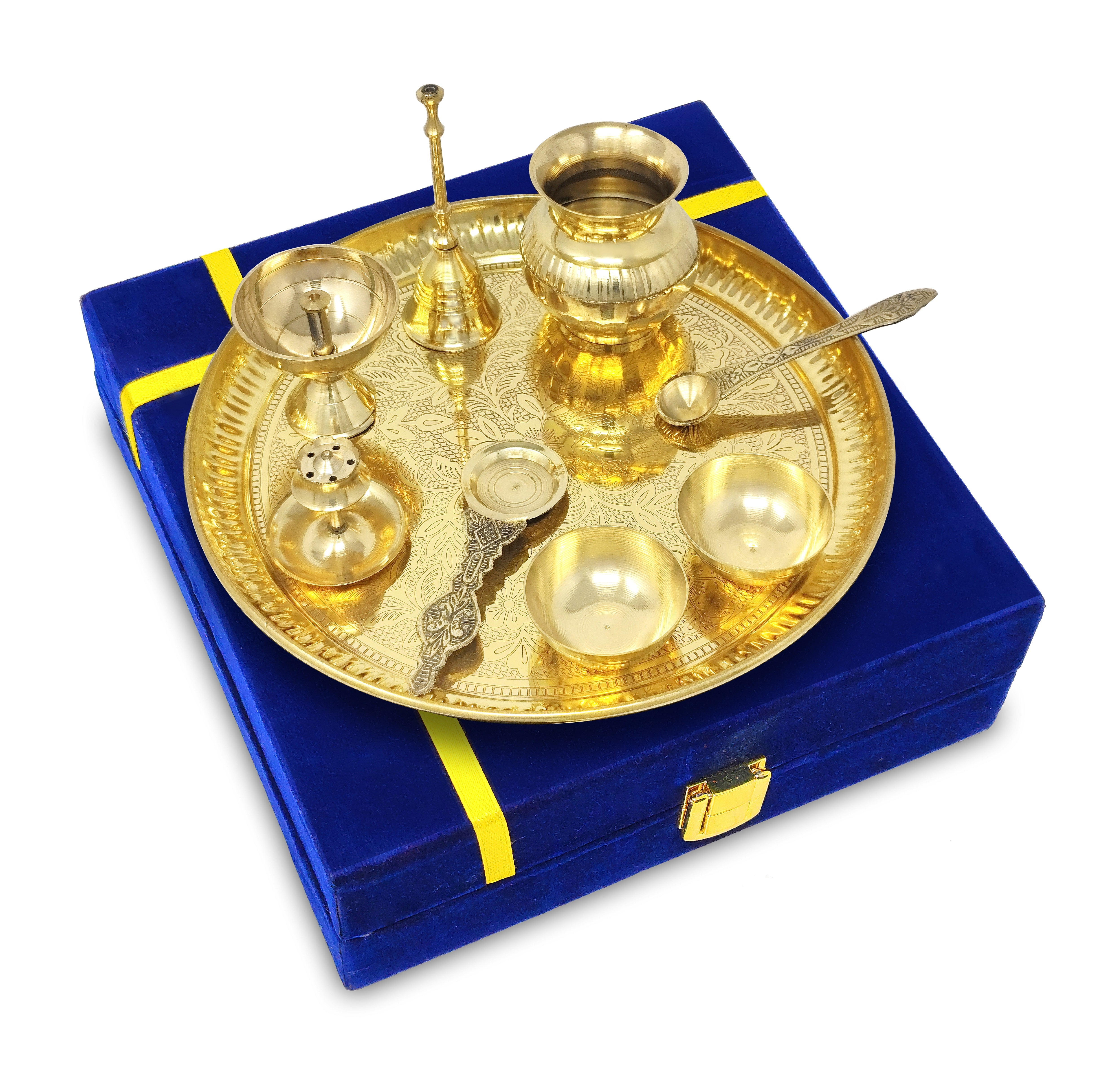 BENGALEN Brass Pooja Thali Set with Blue Gift Box 10 Inch