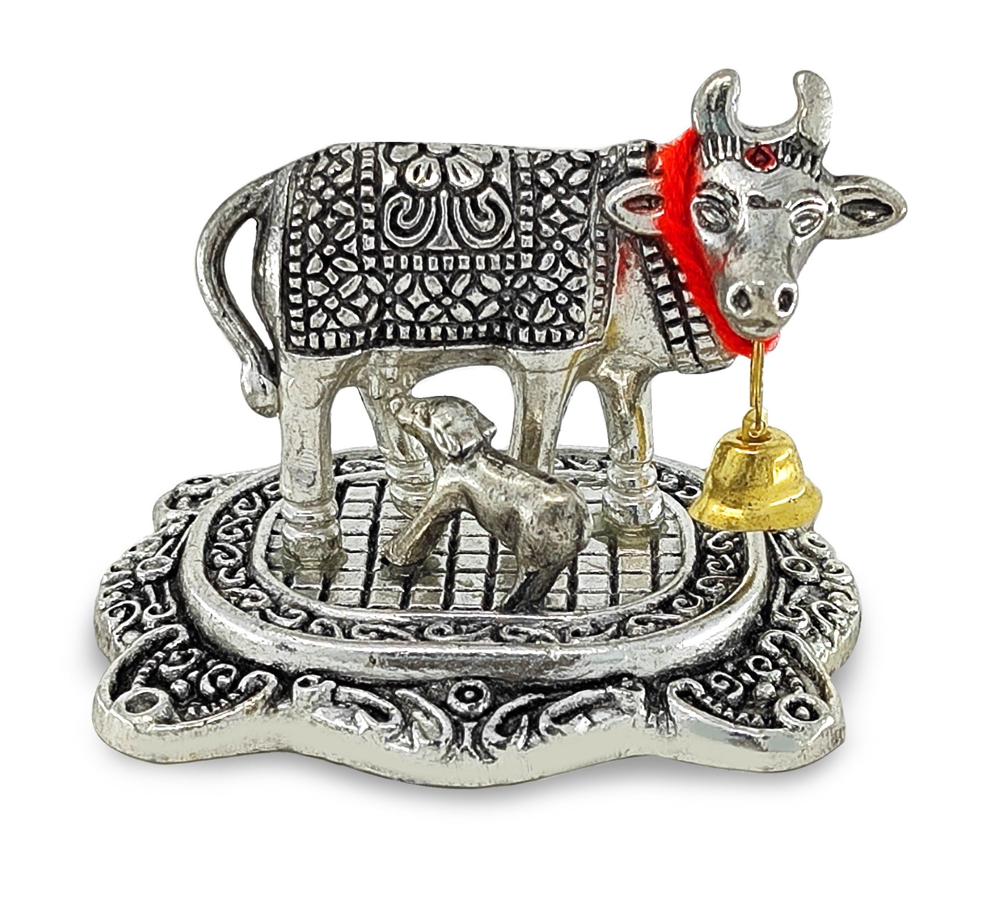 BENGALEN Small Kamdhenu Cow and Calf with Red Velvet Box Metal Statue, Decorative Showpiece for Home, Office, Diwali Decoration, Wedding Return Gift