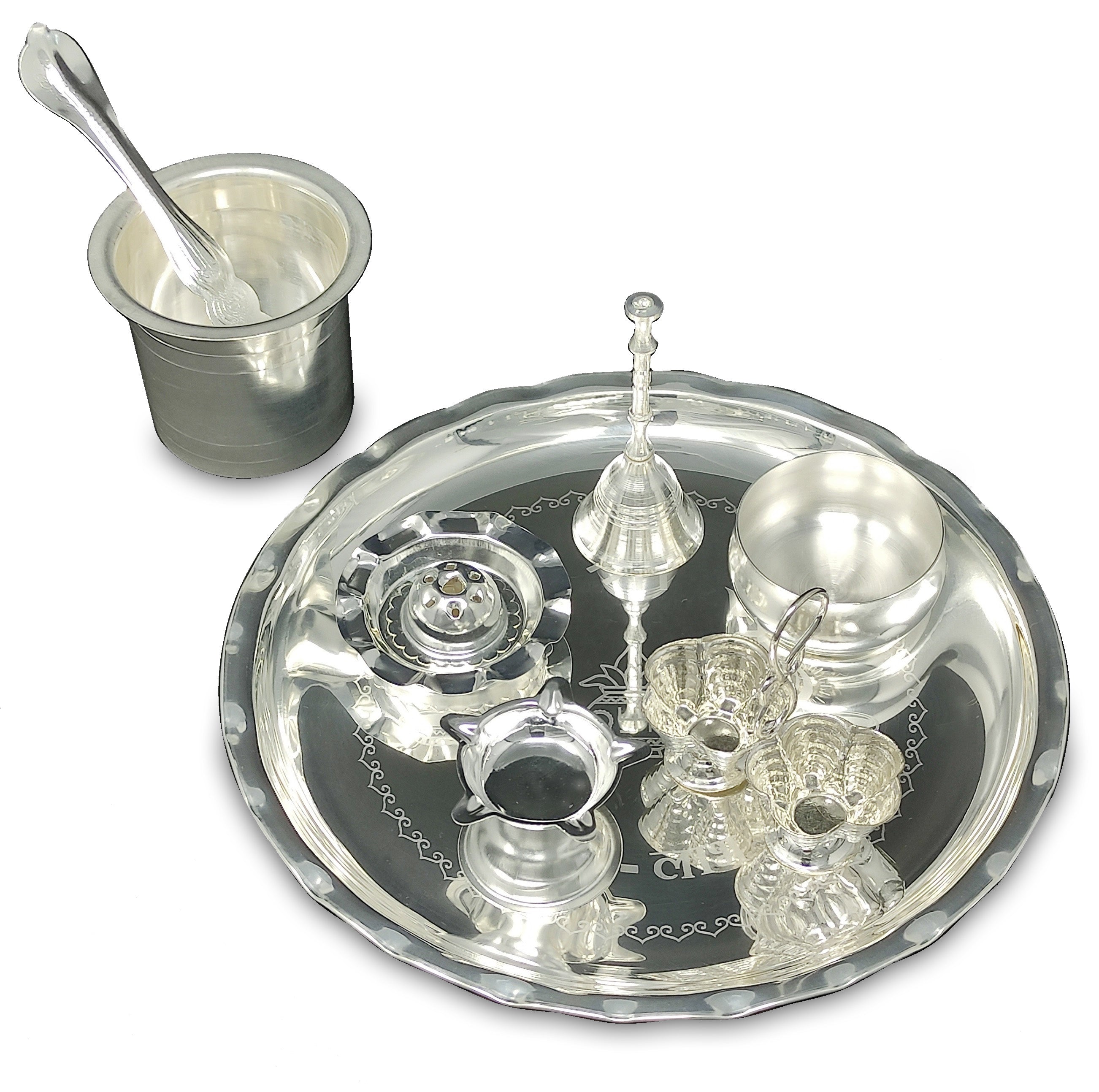 Bengalen Silver Plated Pooja thali Set 08 Inch Festival Ethnic Puja Thali Items for Home, Office, Mandir, Weeding Gift