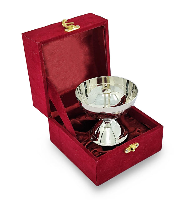 BENGALEN Silver Plated Piyali Diya with Velvet Gift Box Traditional Oil Lamp Deepak Lamp Panchmahal Deepam for Pooja Mandir Diwali Indian Puja Items Wedding Return Gifts
