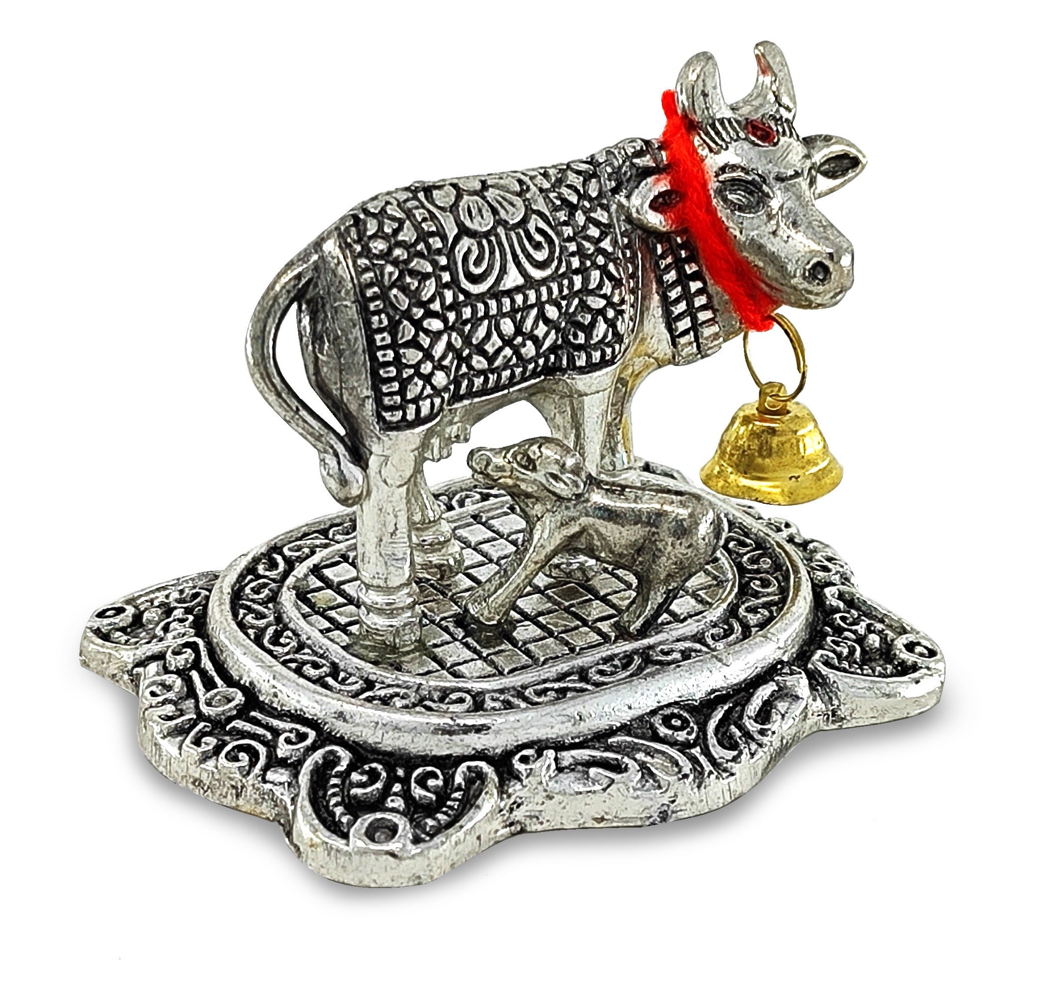 BENGALEN Small Kamdhenu Cow and Calf with Red Velvet Box Metal Statue, Decorative Showpiece for Home, Office, Diwali Decoration, Wedding Return Gift