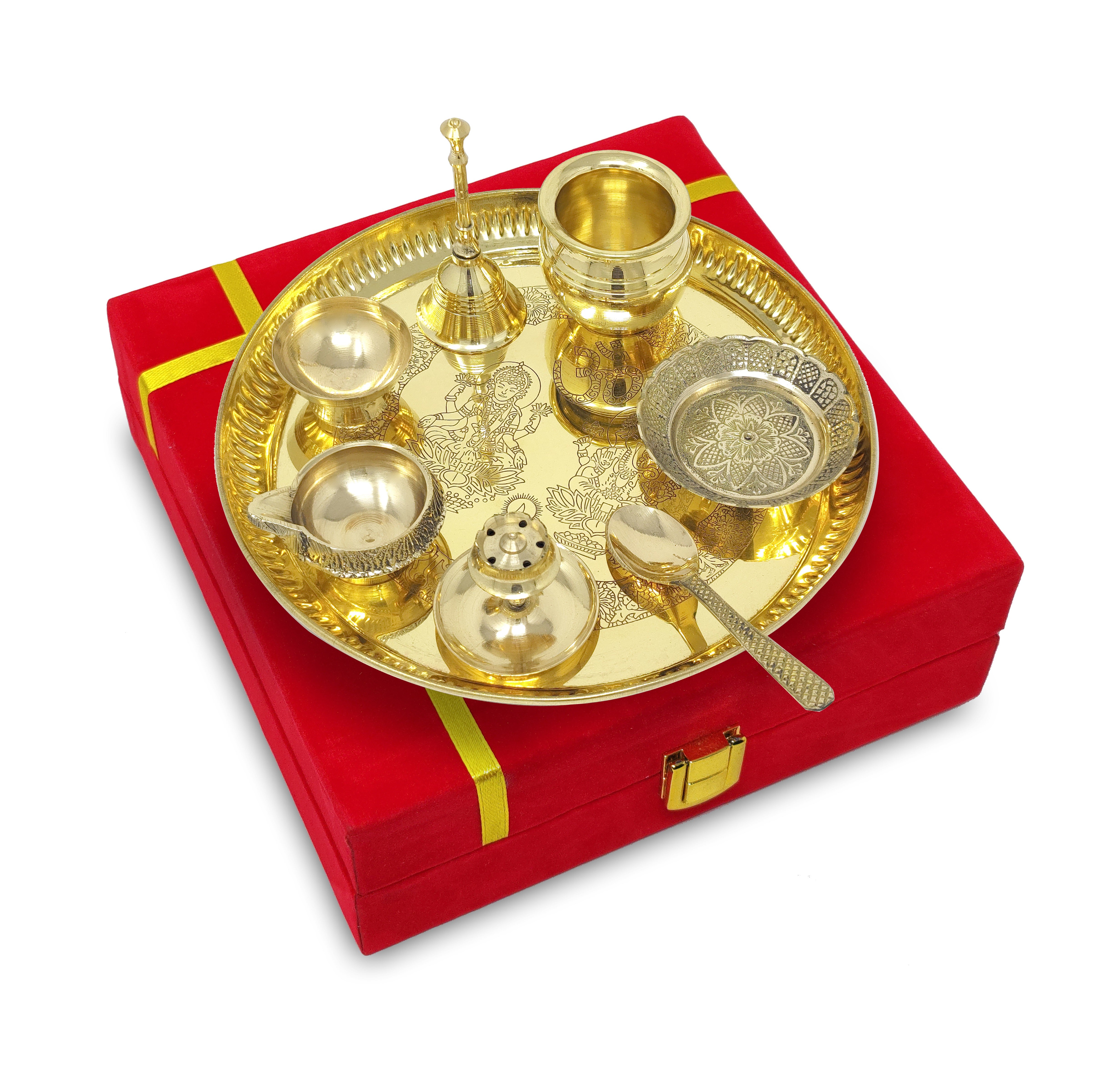 BENGALEN Brass Puja Thali Set with Red Gift Box 8 Inch