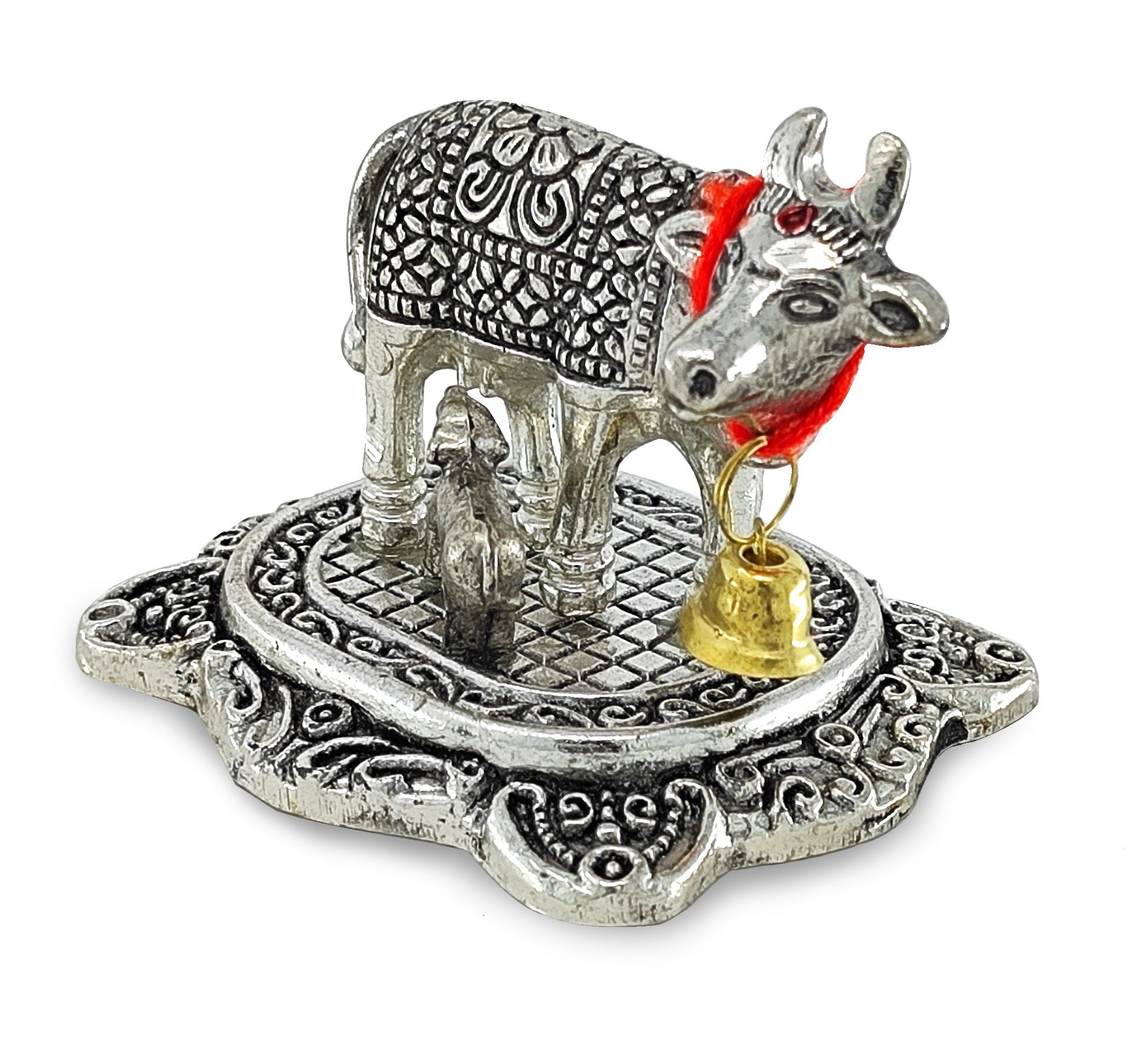 BENGALEN Small Kamdhenu Cow and Calf with Red Velvet Box Metal Statue, Decorative Showpiece for Home, Office, Diwali Decoration, Wedding Return Gift