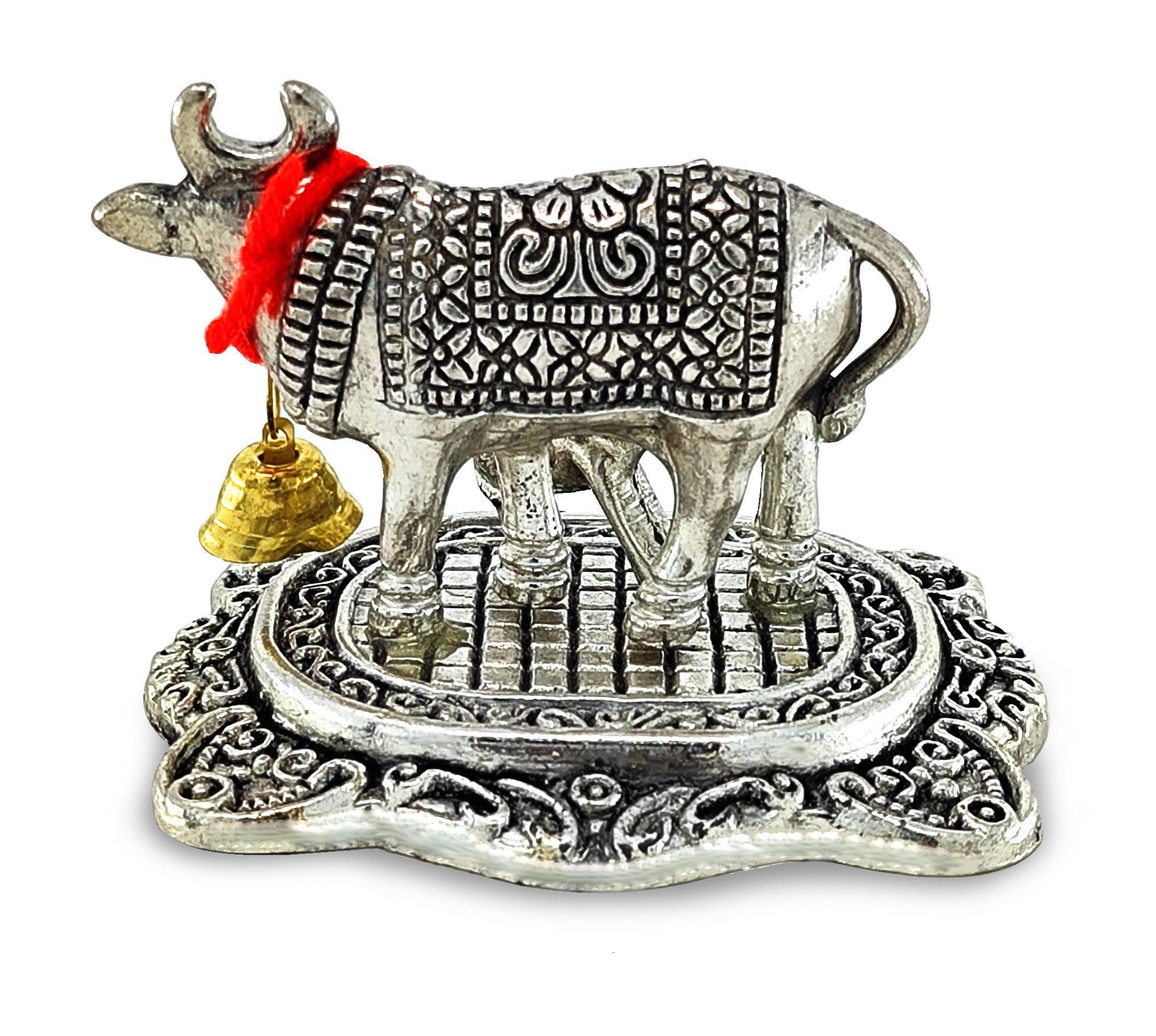 BENGALEN Small Kamdhenu Cow and Calf with Red Velvet Box Metal Statue, Decorative Showpiece for Home, Office, Diwali Decoration, Wedding Return Gift