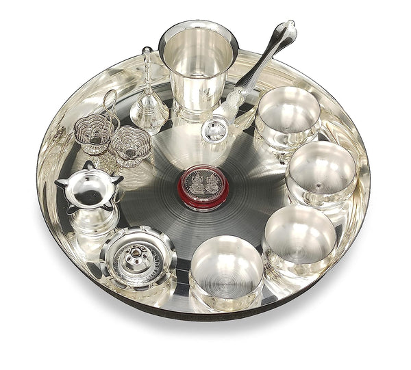 BENGALEN All in One Silver Plated Pooja Thali Set 10 Inch with Accessories Daily Puja Decorative Item for Diwali Home Mandir Office Wedding Return Gift Items