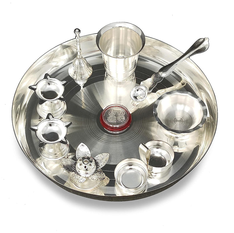 BENGALEN Silver Plated Pooja Thali Set 10 Inch with Accessories Daily Puja Decorative Item for Diwali Mandir Home Office Wedding Return Gift Items