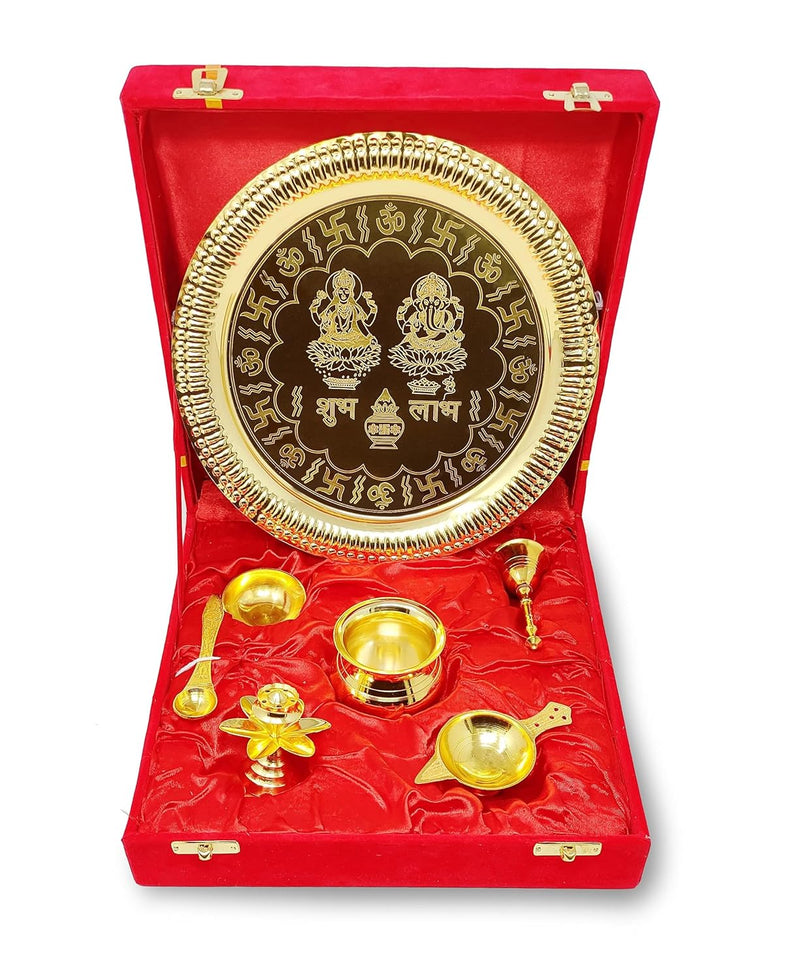 BENGALEN Pooja Thali Set Gold Plated with Gift Box Designed Puja Plate 22 CM Kalash Bowl Ghanti Spoon Dhup Dan Diya for Home Office Diwali Wedding Return Gift Items