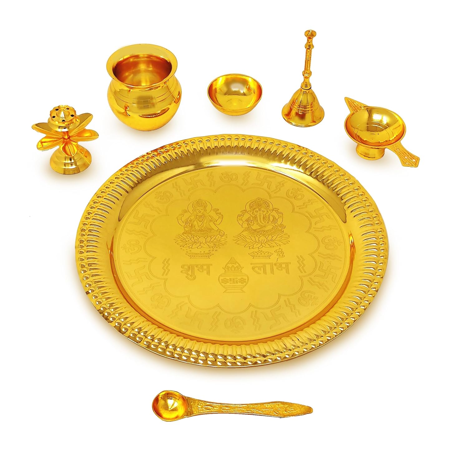 BENGALEN Pooja Thali Set Gold Plated with Gift Box Designed Puja Plate 22 CM Kalash Bowl Ghanti Spoon Dhup Dan Diya for Home Office Diwali Wedding Return Gift Items