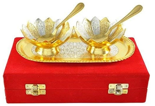 Bengalen Silver and Gold Plated Floral Bowl, Spoon with Tray for Home Decorative Gift Items