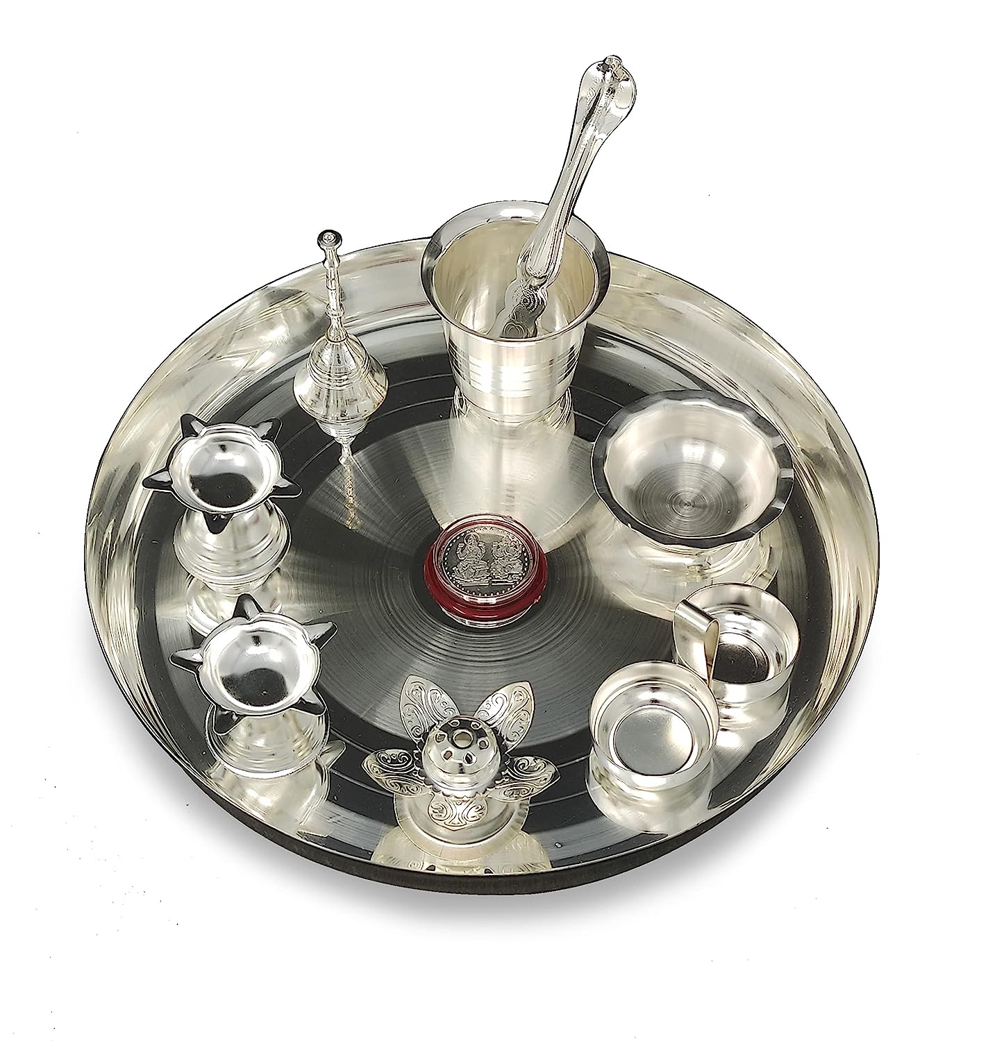 BENGALEN Silver Plated Pooja Thali Set 10 Inch with Accessories Daily Puja Decorative Item for Diwali Mandir Home Office Wedding Return Gift Items