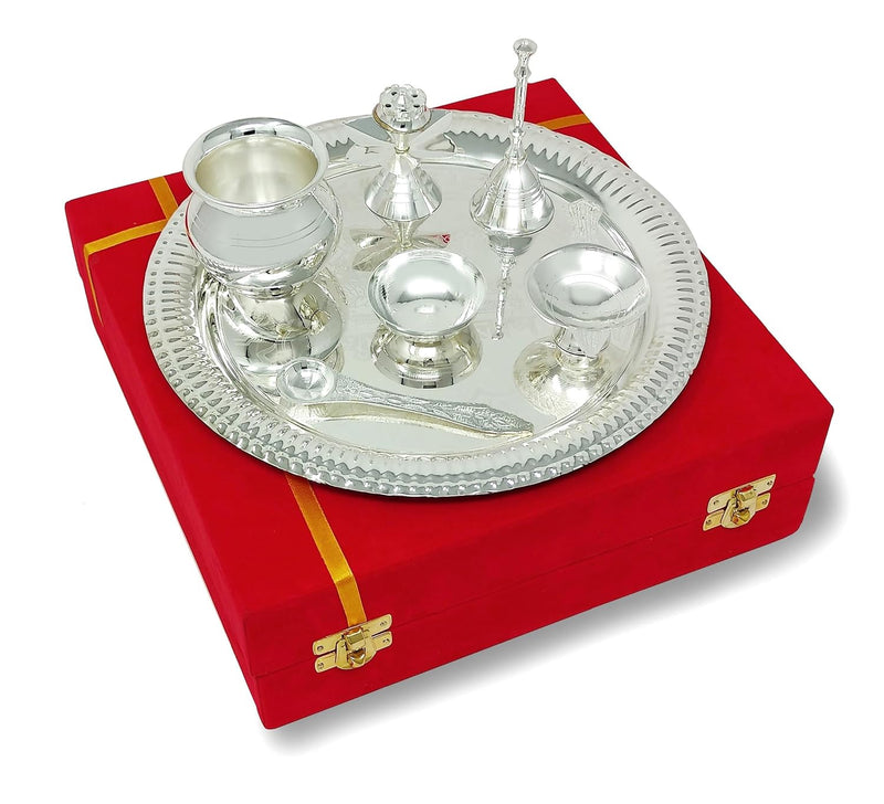 BENGALEN Pooja Thali Set Silver Plated with Gift Box Designed Puja Plate 22 CM Kalash Bowl Ghanti Spoon Dhup Dan Diya for Home Office Diwali Wedding Return Gift Items