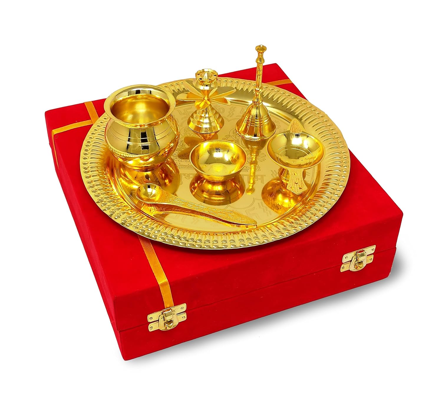 BENGALEN Pooja Thali Set Gold Plated with Gift Box Designed Puja Plate 22 CM Kalash Bowl Ghanti Spoon Dhup Dan Diya for Home Office Diwali Wedding Return Gift Items