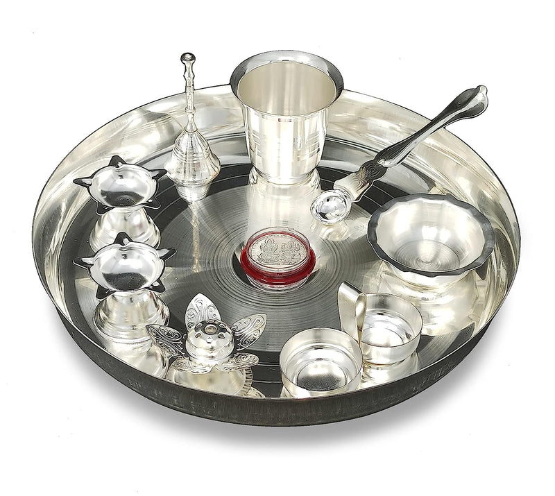 BENGALEN Silver Plated Pooja Thali Set 10 Inch with Accessories Daily Puja Decorative Item for Diwali Mandir Home Office Wedding Return Gift Items