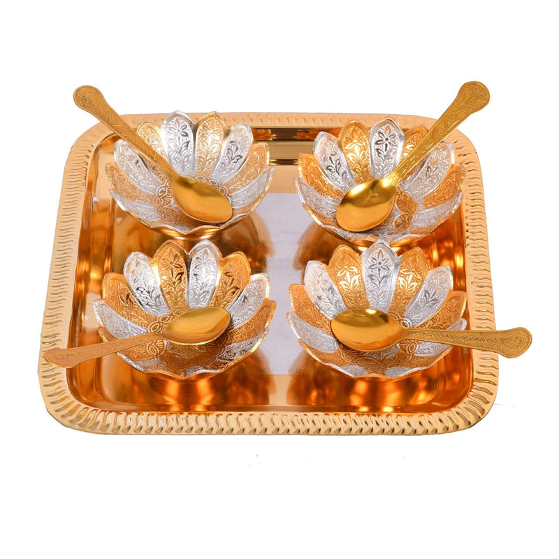 Bengalen Gold & Silver Plated Bowl, Spoon, Tray Set for Home Decorative Gift Items
