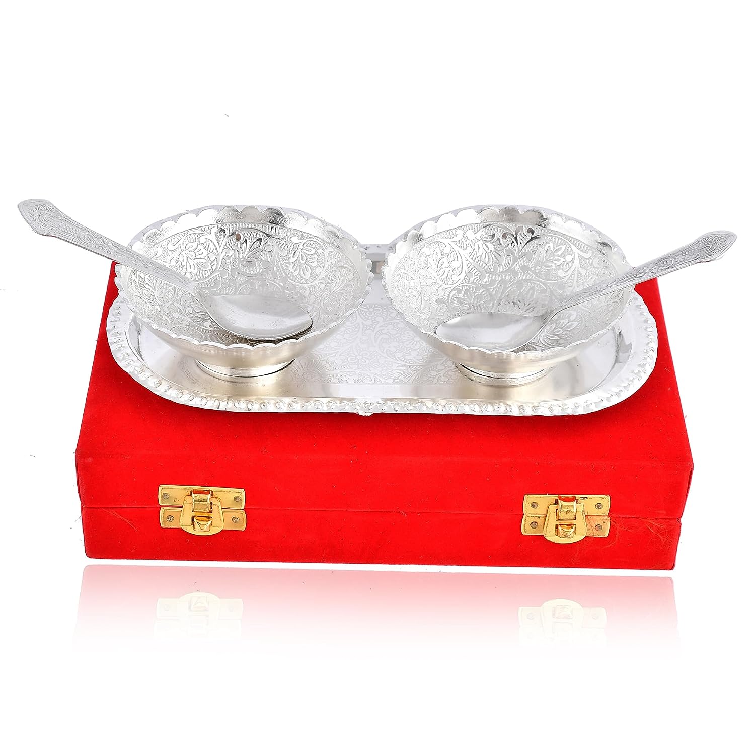 BENGALEN Silver Plated Bowl Spoon Tray Set Dessert Dry Fruits Serving Diwali Christmas Eid Wedding Return Gifts Friends Family Home Decoration Housewarming Corporate Gift Items (Gold Plated)