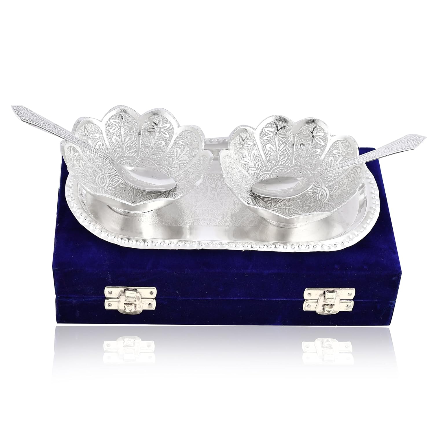 BENGALEN Silver Plated Bowl Spoon Tray Set Dessert Dry Fruits Serving Diwali Christmas Eid Wedding Return Gifts Friends Family Home Decoration Housewarming Corporate Gift Items