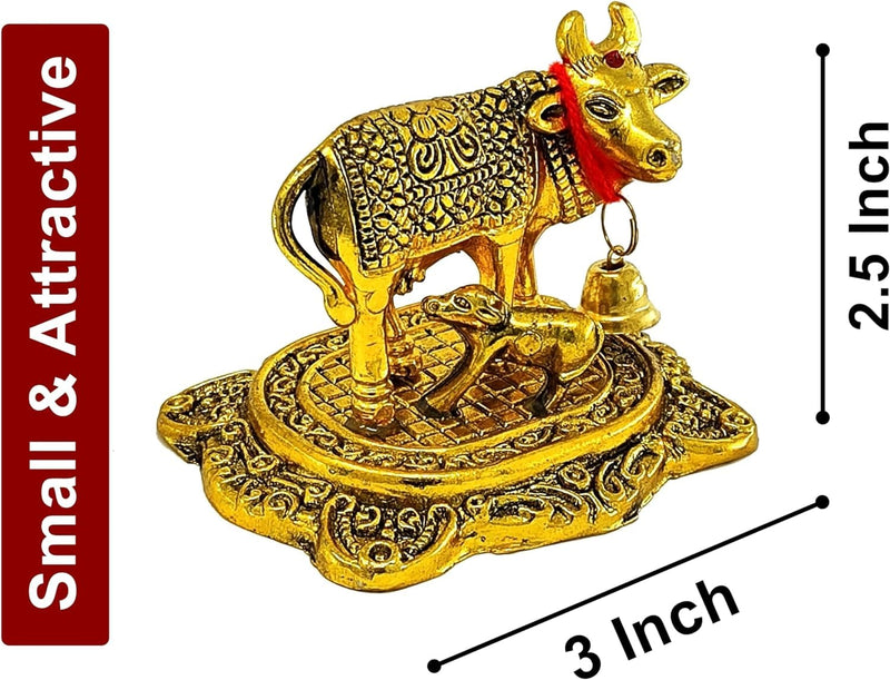 BENGALEN Small Kamdhenu Cow with Calf Gold Plated Statue Decorative Diwali Gift Items Showpiece for Home Office Decoration Item Family Friends Relative Return Gifts