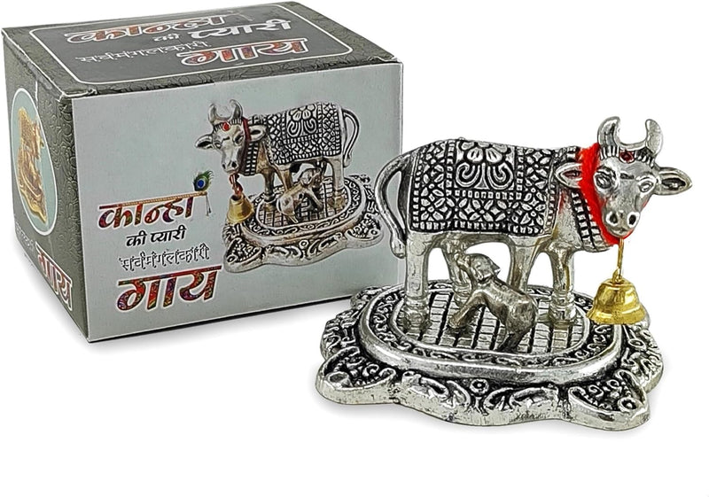 BENGALEN Small Kamdhenu Cow with Calf Silver Plated Statue Decorative Diwali Gift Items Showpiece for Home Office Decoration Item Family Friends Relative Return Gifts