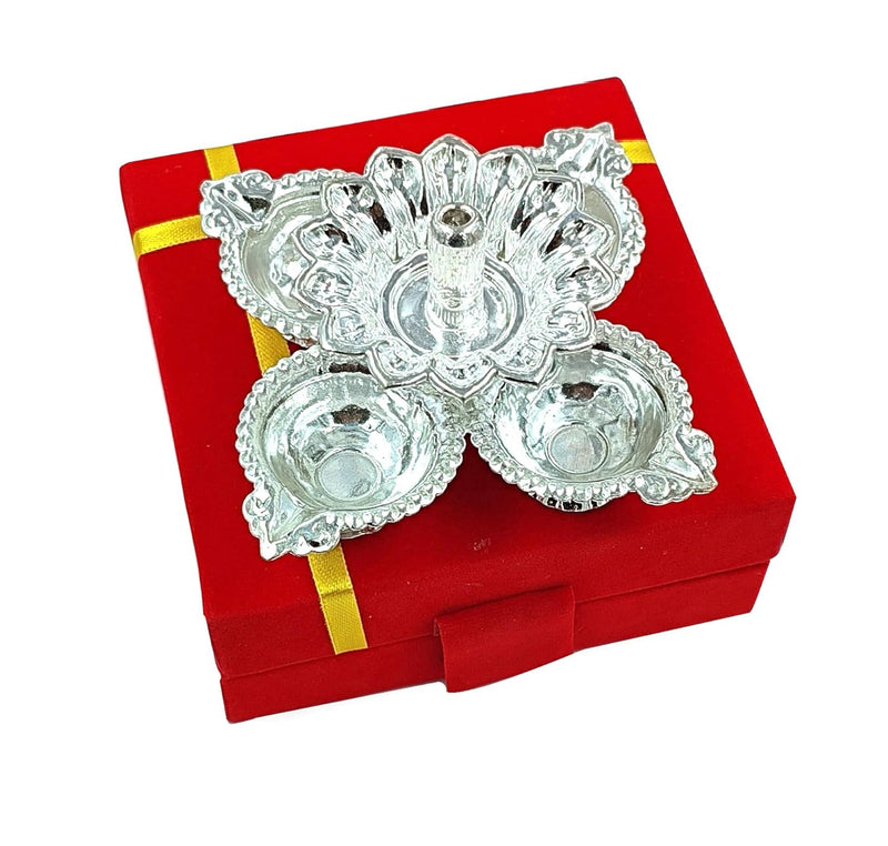BENGALEN Silver Plated Diya with Red Velvet Gift Box Panchmukhi Dia Pooja Items Diwali Decoration Puja Gifts Handmade Oil Lamp Traditional Indian Deepawali Gift Items