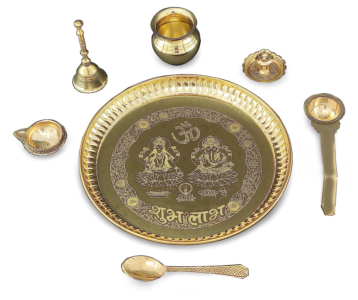 BENGALEN Brass Pooja Thali Set 8 Inch with Pital Plate Kalash Spoon Ghanti Kuber Diya Dhup Dan Golchi Arti Puja Thali for Diwali Home Mandir Office Wedding Return Gift Items