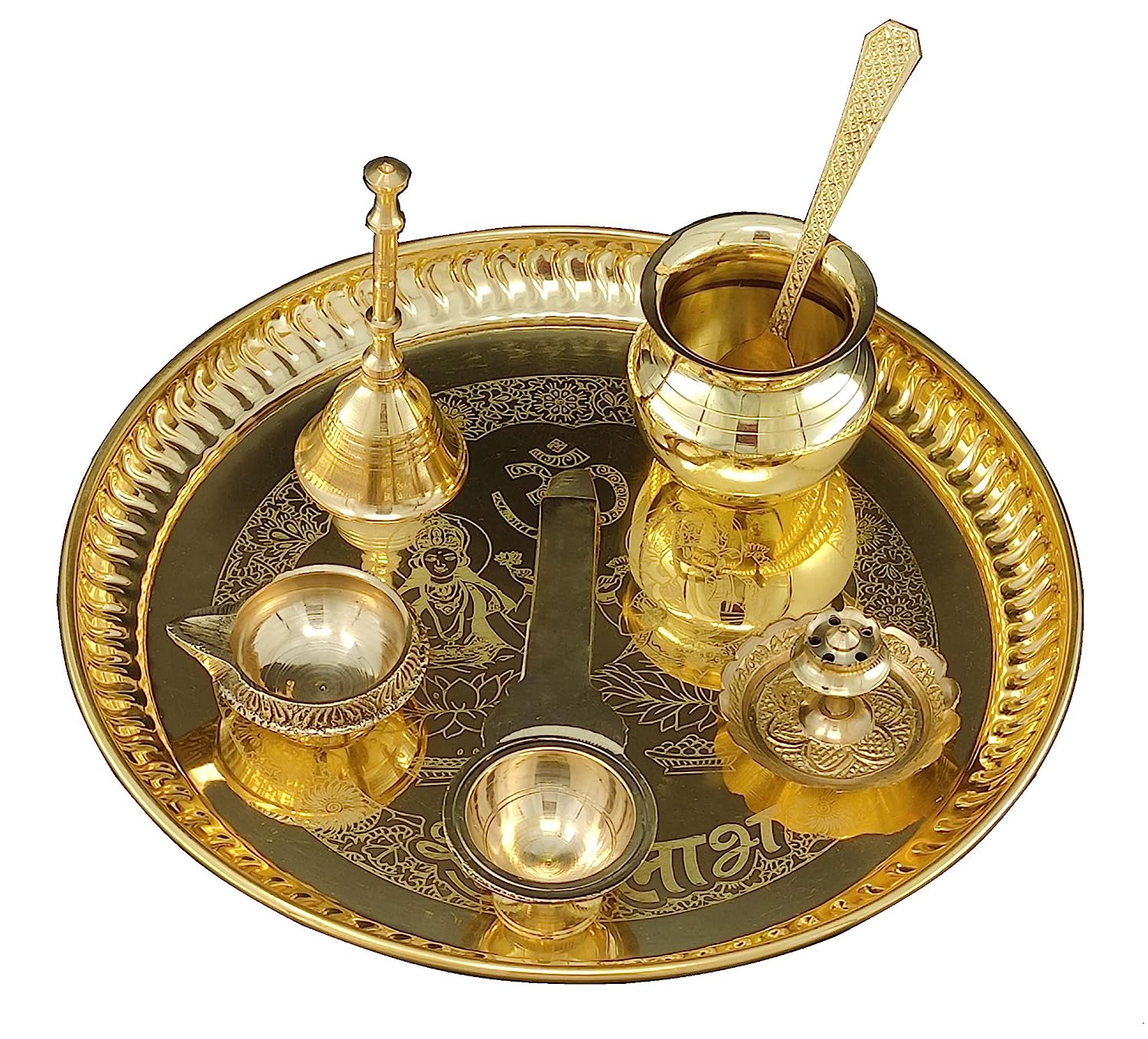 BENGALEN Brass Pooja Thali Set 8 Inch with Pital Plate Kalash Spoon Ghanti Kuber Diya Dhup Dan Golchi Arti Puja Thali for Diwali Home Mandir Office Wedding Return Gift Items