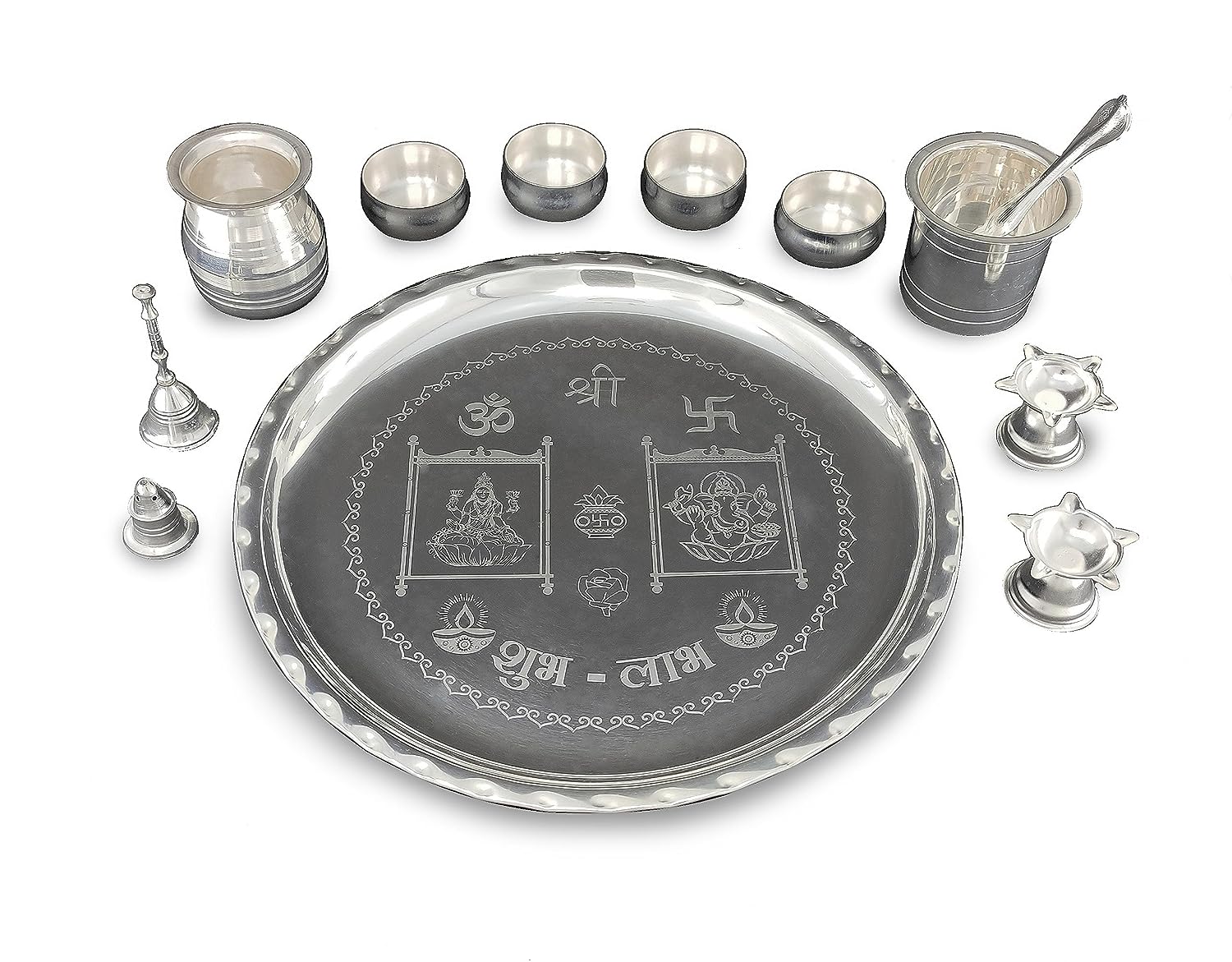 BENGALEN 12 Inch Silver Plated Pooja Thali Set with Accessories Daily Puja Decorative Gifts for Home Office Mandir Diwali Wedding Return Gift Items