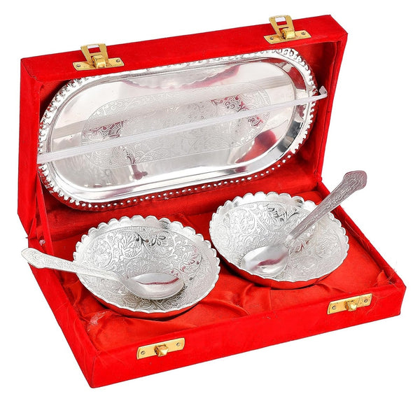 BENGALEN Silver Plated Bowl Spoon Tray Set Dessert Dry Fruits Serving Diwali Christmas Eid Wedding Return Gifts Friends Family Home Decoration Housewarming Corporate Gift Items (Gold Plated)