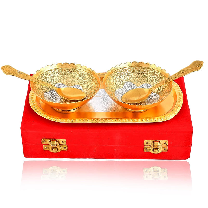 BENGALEN Gold & Silver Plated Bowl Spoon Tray Set Dessert Dry Fruits Serving Diwali Christmas Eid Wedding Return Gifts Friends Family Home Decoration Housewarming Corporate Gift Items (Gold Plated)