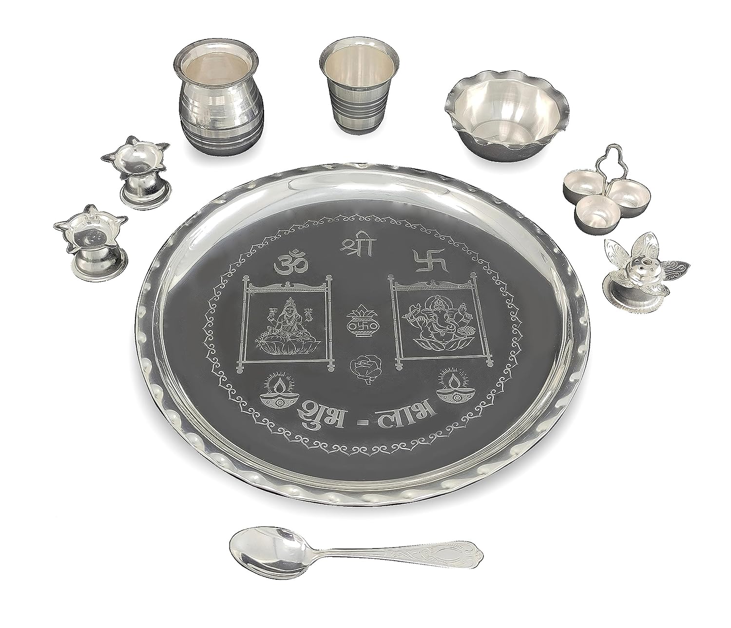 BENGALEN 12 Inch Silver Plated Pooja Thali Set with Accessories Daily Puja Decorative Gifts for Home Office Mandir Diwali Wedding Return Gift Items