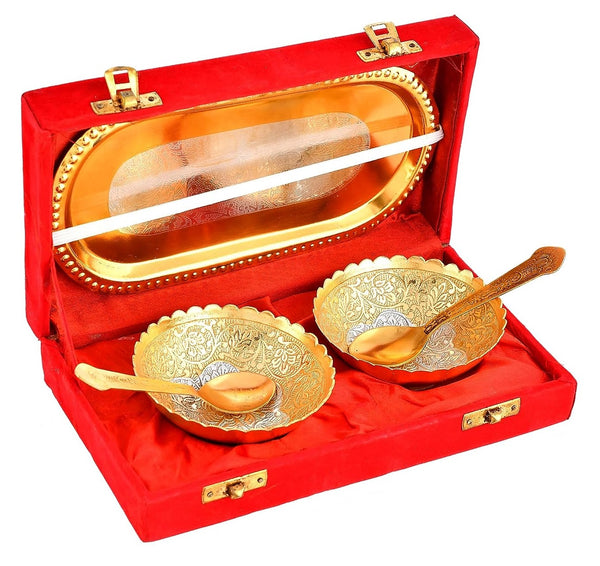 BENGALEN Gold & Silver Plated Bowl Spoon Tray Set Dessert Dry Fruits Serving Diwali Christmas Eid Wedding Return Gifts Friends Family Home Decoration Housewarming Corporate Gift Items (Gold Plated)