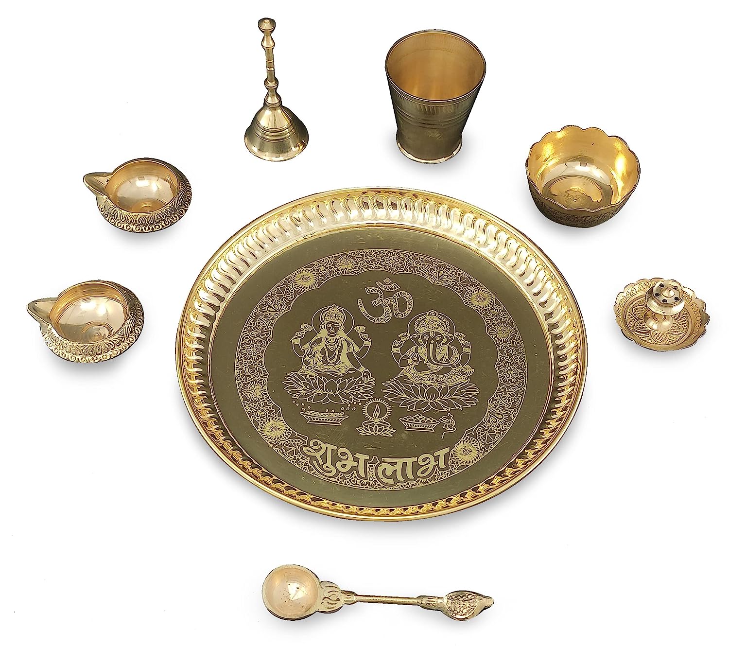 BENGALEN Brass Pooja Thali Set 8 Inch with Pital Plate Glass Nag Archmini Spoon Ghanti Kuber Diya Dhup Dan Bowl Puja Thali for Diwali Home Mandir Office