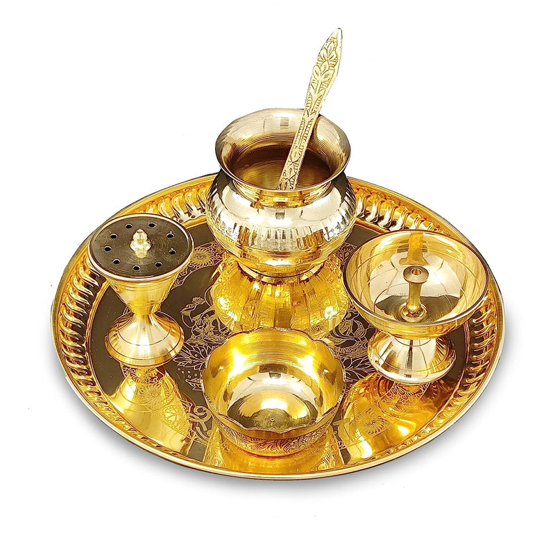 BENGALEN Brass Pooja Thali Set 8 Inch with Pital Plate Kalash Bowl Spoon Damru Agardan Puja Thali for Diwali Home Office Mandir Wedding Return Gift Items
