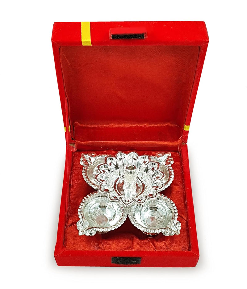 BENGALEN Silver Plated Diya with Red Velvet Gift Box Panchmukhi Dia Pooja Items Diwali Decoration Puja Gifts Handmade Oil Lamp Traditional Indian Deepawali Gift Items