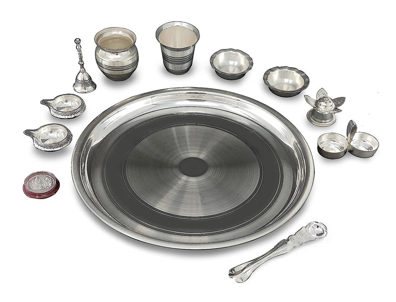 BENGALEN Silver Plated Pooja Thali Set 12 Inch with Accessories Puja Decorative Gifts for Daily Home Office Diwali Mandir Wedding Return Gift Items