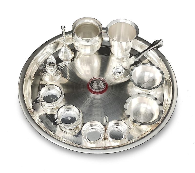 BENGALEN Silver Plated Pooja Thali Set 12 Inch with Accessories Puja Decorative Gifts for Daily Home Office Diwali Mandir Wedding Return Gift Items
