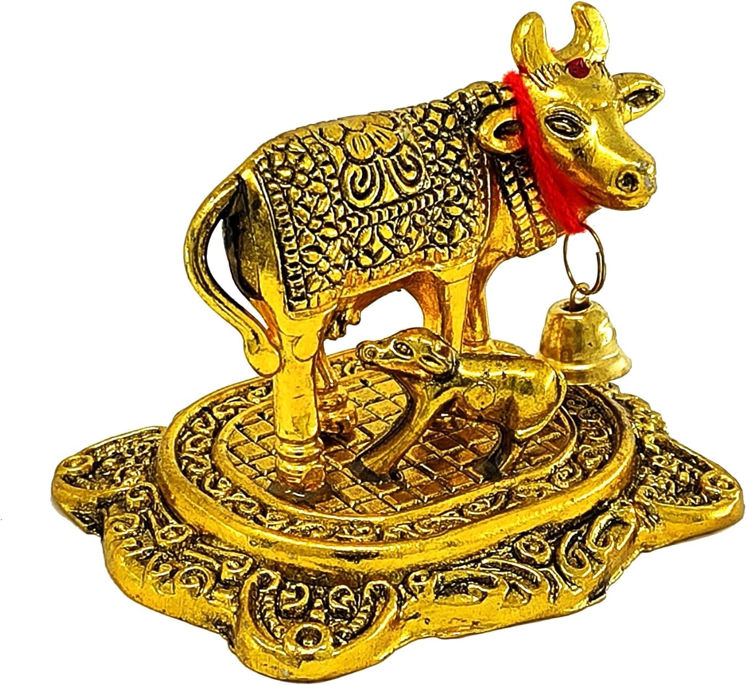 BENGALEN Small Kamdhenu Cow with Calf Gold Plated Statue Decorative Diwali Gift Items Showpiece for Home Office Decoration Item Family Friends Relative Return Gifts