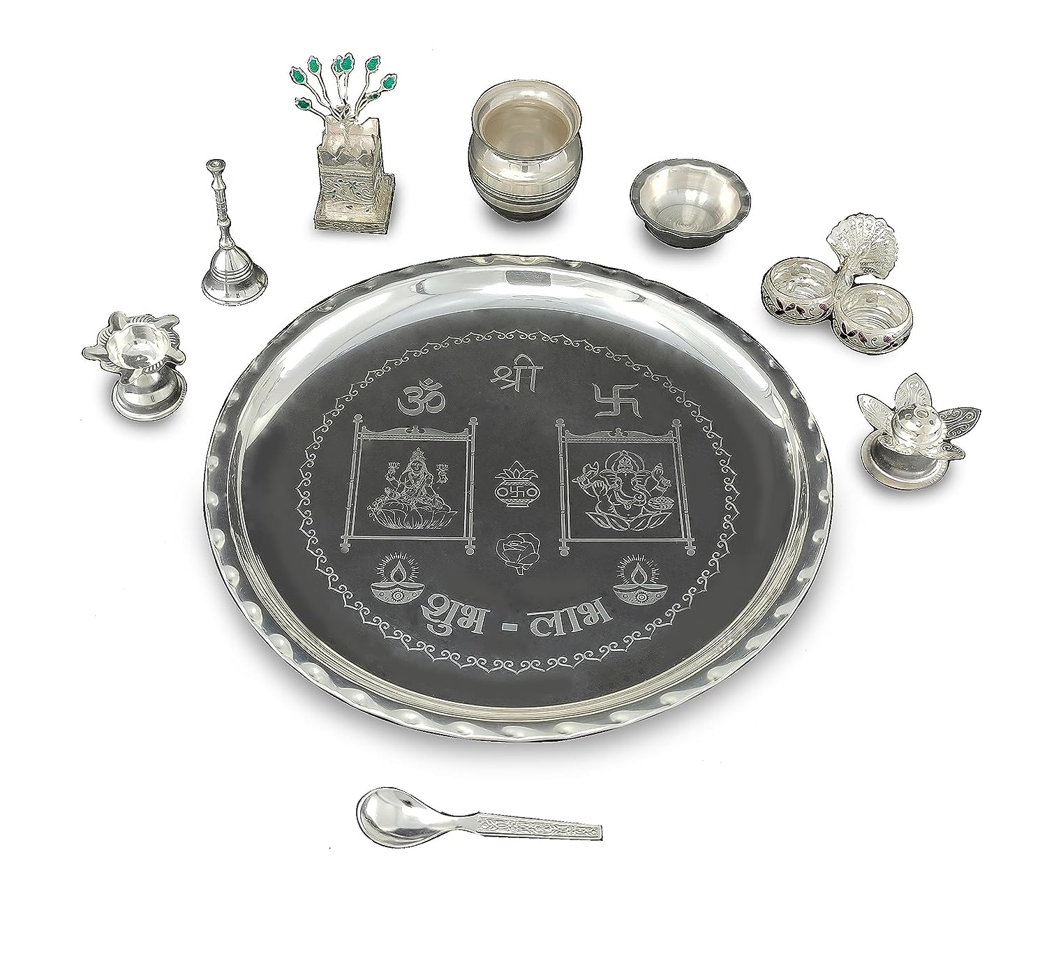 BENGALEN 12 Inch Silver Plated Pooja Thali Set with Accessories Daily Puja Decorative Gifts for Home Office Mandir Diwali Wedding Return Gift Items