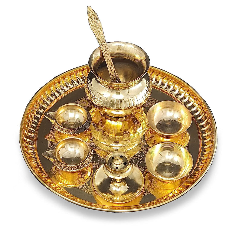 BENGALEN Brass Pooja Thali Set 8 Inch with Pital Plate Kalash Spoon Kuber Diya Bowls Dhub Dan Puja Thali for Diwali Home Office Mandir Wedding Return Gift Items