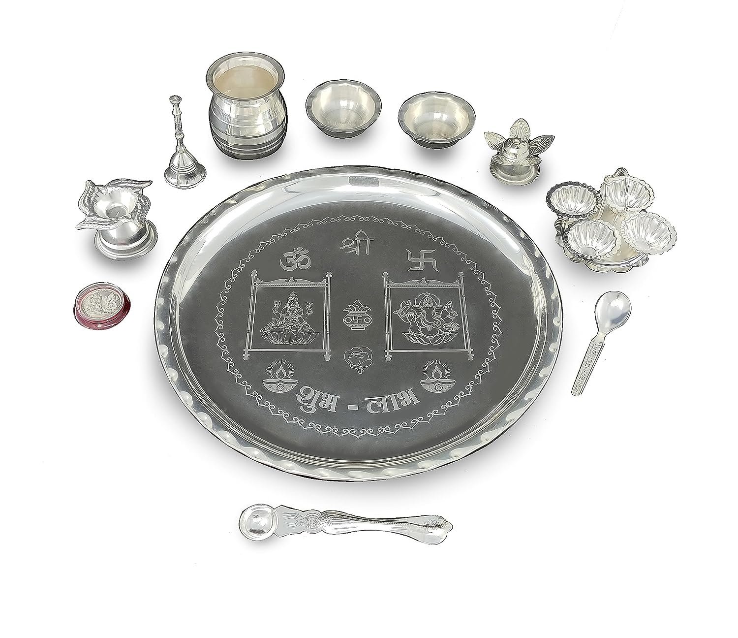 BENGALEN 12 Inch Silver Plated Pooja Thali Set with Accessories Daily Puja Decorative Gifts for Home Office Mandir Diwali Wedding Return Gift Items