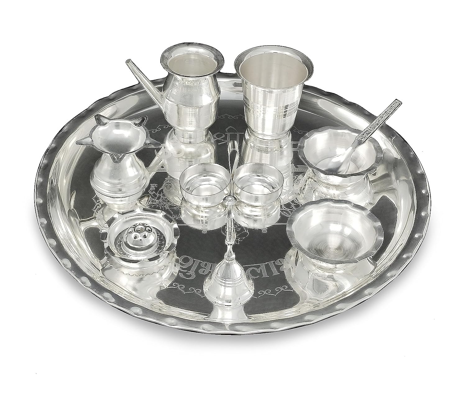 BENGALEN 12 Inch Silver Plated Pooja Thali Set with Accessories Daily Puja Decorative Gifts for Home Office Mandir Diwali Wedding Return Gift Items