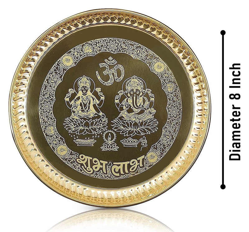 BENGALEN Brass Pooja Thali Set 8 Inch with Pital Plate Glass Nag Archmini Spoon Ghanti Kuber Diya Dhup Dan Bowl Puja Thali for Diwali Home Mandir Office