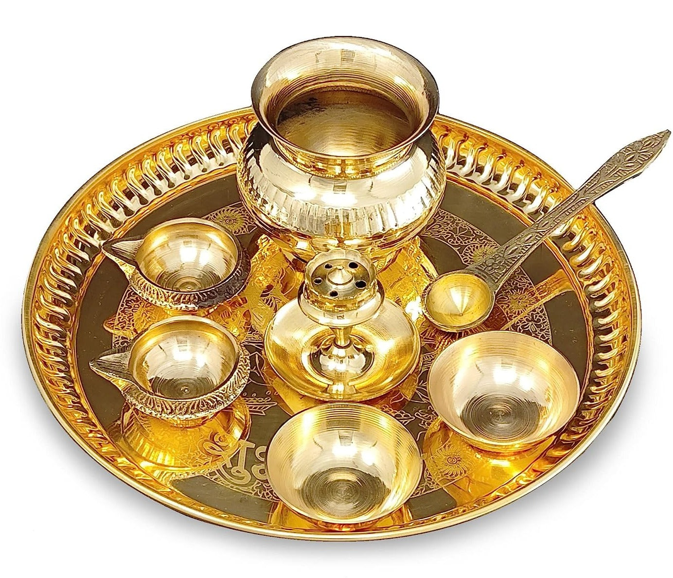 BENGALEN Brass Pooja Thali Set 8 Inch with Pital Plate Kalash Spoon Kuber Diya Bowls Dhub Dan Puja Thali for Diwali Home Office Mandir Wedding Return Gift Items