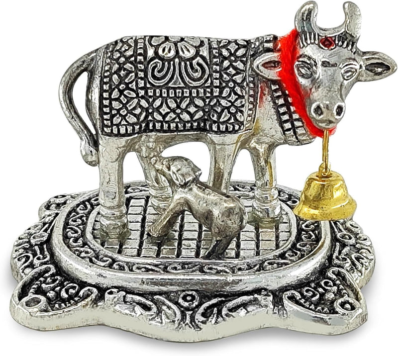 BENGALEN Small Kamdhenu Cow with Calf Silver Plated Statue Decorative Diwali Gift Items Showpiece for Home Office Decoration Item Family Friends Relative Return Gifts